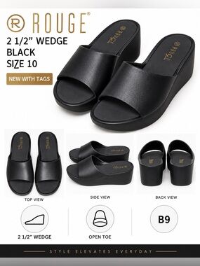 ROUGE 2 1/2” WEDGE OPEN TOE SLIDES – BLACK SIZE 10 (NEW WITH TAGS) B9